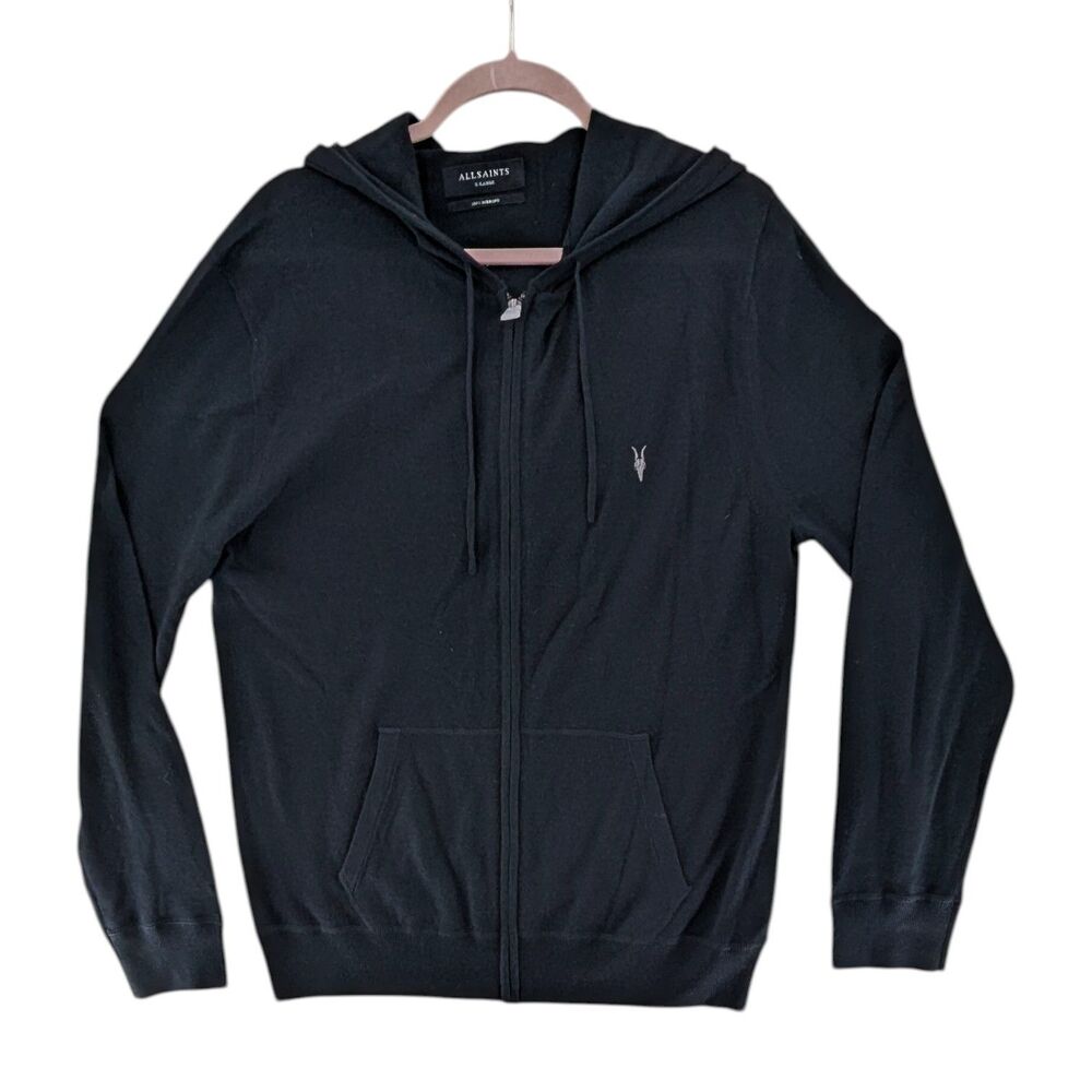 NWT ALLSAINTS Men's Cal Mode Merino Zip Hoodie Sweater Black 100% Wool Knit